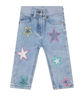 Light-blue jeans for baby girl with embroidered stars
