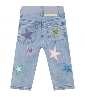 Light-blue jeans for baby girl with embroidered stars