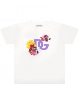 White T-shirt for baby girl with purple logo and flowers