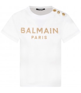 White T-shirt for girl with golden logo