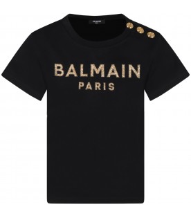 Black T-shirt for girl with golden logo