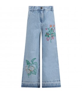 Jeans celeste per bambina con fiori