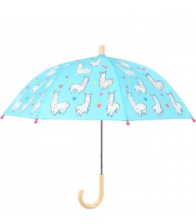 Light blue umbrella for girl with alpacas