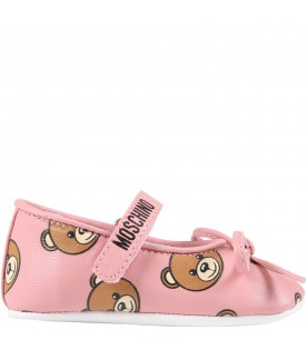 Pink ballet-flats for baby girl with Teddy Bear and bow