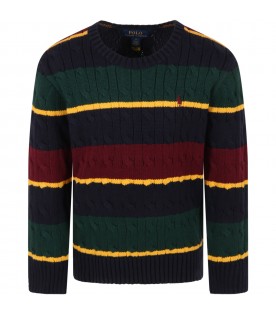 Multicolor sweater for boy with bordeaux pony logo