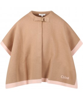 Beige poncho for girl with logo