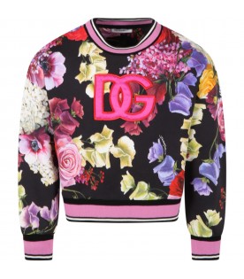 Black sweatshirt for girl with floral print and logo