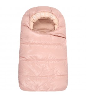 Pink sleeping bag for baby girl with white logo