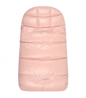 Pink sleeping bag for baby girl with white logo