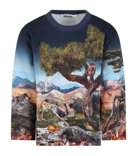 T-shirt blu per bambino con tigri e alberi