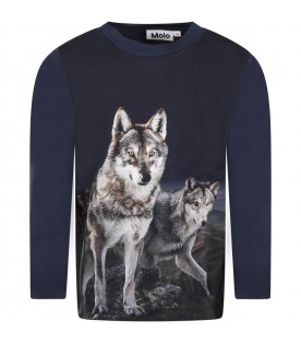 T-shirt blu per bambino con lupi