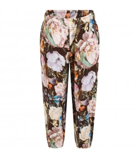Brown sweatpants for girl with floral print