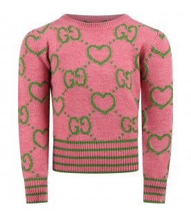 Pink sweater for girl with iconic green GG