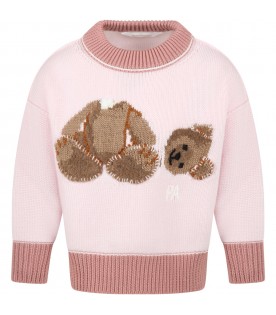 Pink sweater for girl with bear and logo