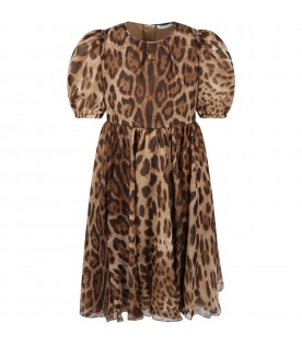 Beige dress for girl with animal print and logo