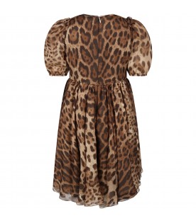 Beige dress for girl with animal print and logo
