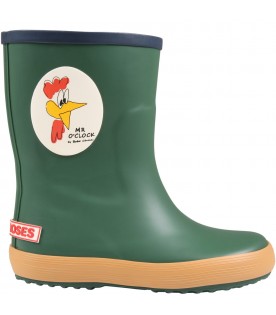 Green rain-boots for kids with rooster and logo
