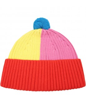 Colorblock hat for kids with pompoms