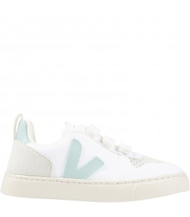 White sneakers for kids with aqua green details and logo