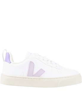 White sneakers for kids with purple details and logo