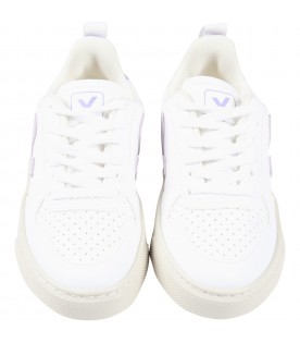 White sneakers for kids with purple details and logo