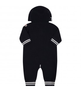 Blue romper for baby boy with logo patch