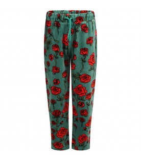 Green sweatpants for girl with red roses