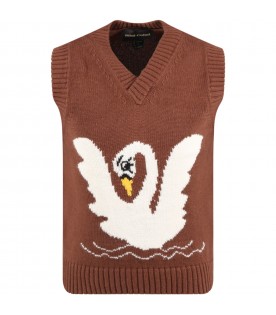 Brown vest for kids with white swan