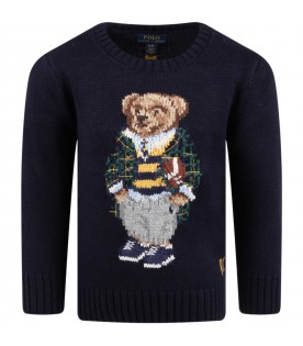 Blue sweater for boy with bear and logo