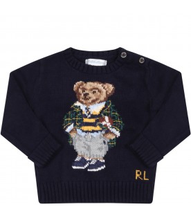 Blue sweater for baby boy with bear and logo