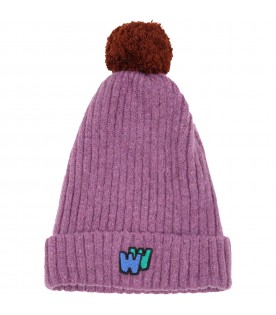 Purple hat for girl with logo and pompom