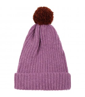 Purple hat for girl with logo and pompom