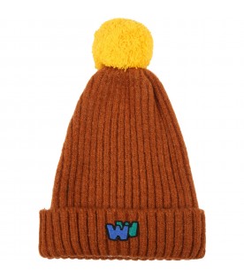 Brown hat for kids with logo and pompom