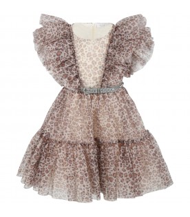 Beige dress for baby girl with spotted print