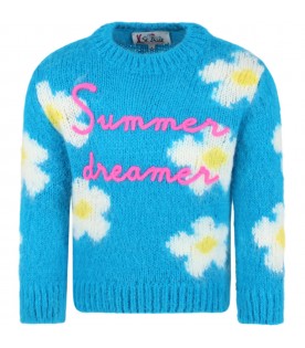 Light blue sweater for girl with flowers