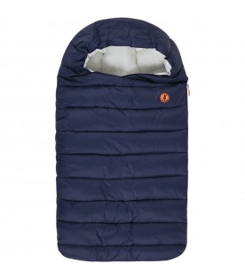 Blue sleeping-bag for babykids with orange logo
