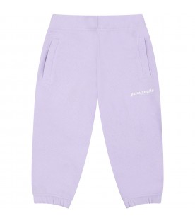 Pantaloni lilla da tuta per neonata con logo bianco