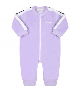Lilac jumpsuit for baby girl with white logo