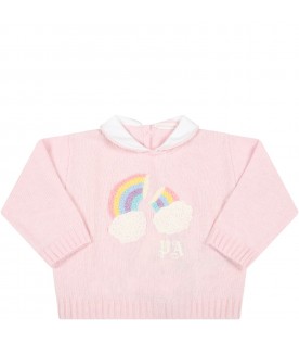 Pink sweater for baby girl with rainbow and logo