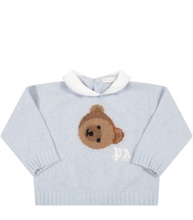 Light-blue sweater for baby boy with bear and logo