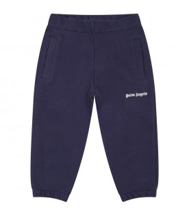 Blue sweatpants for baby boy with white logo