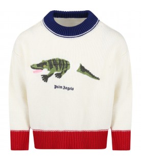 White sweater for kids with crocodile and logo
