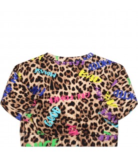 Beige sweatshirt for baby girl with animalier print