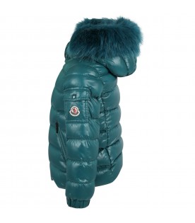 Green down jacket for kids with hood