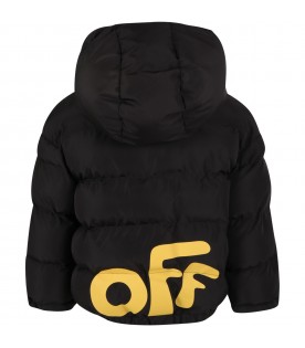 Black jacket for kids with logo patch and yellow logo