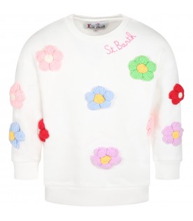 White sweatshirt for girl with flowers and logo