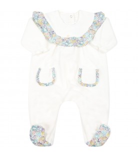 White jumpsuit for baby girl with Liberty print