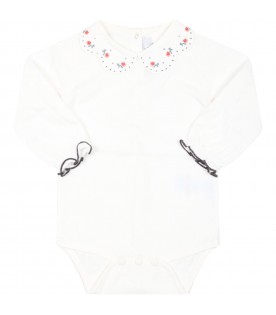 White bodysuit for baby girl with emdroidered flowers