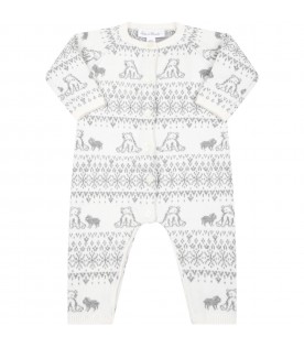 White jumpsuit for baby boy with gray designs