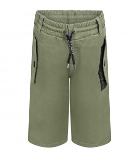 Green bermuda shorts for boy with black logo